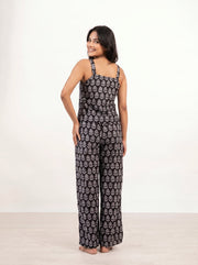 Black Square Neck Floral Print Pure Cotton Night Suit For Women