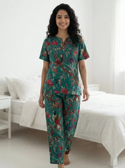 Teal Green Bird & Floral Print Round Neck Cotton Night Suit Set for Women