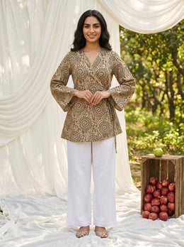 Beige Geometric Print V-Neck Cotton Top For Women