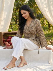 Beige Geometric Print V-Neck Cotton Top For Women