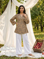 Beige Geometric Print V-Neck Cotton Top For Women