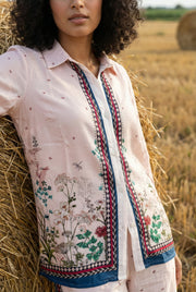 Cream Floral Printed Shirt Collar Co-Ord Set For Women