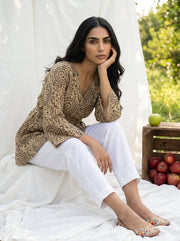 Beige Geometric Print V-Neck Cotton Top For Women