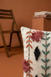 White Floral Squared Embroidered Cotton Cushion Cover