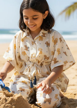 Beige Teddy Print Cotton Night Suit Set for Kids - SanskrutiHomes 