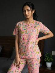Pink Cotton Printed Night Suit Set With Payjama For Women