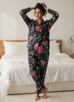 Black floral printed Cotton Night Suit Set for Women - SanskrutiHomes 