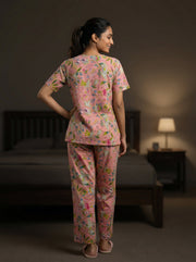 Pink Cotton Printed Night Suit Set With Payjama For Women