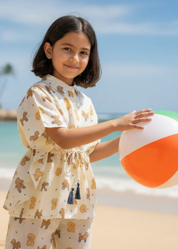 Beige Teddy Print Cotton Night Suit Set for Kids - SanskrutiHomes 