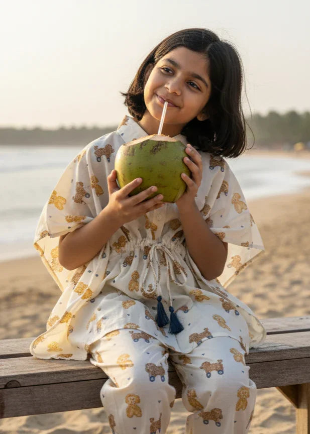 Beige Teddy Print Cotton Night Suit Set for Kids - SanskrutiHomes 