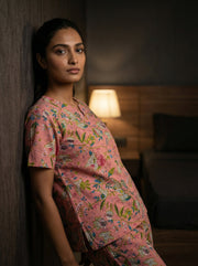 Pink Cotton Printed Night Suit Set With Payjama For Women