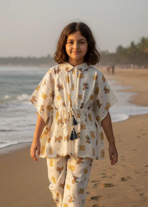 Beige Teddy Print Cotton Night Suit Set for Kids - SanskrutiHomes 