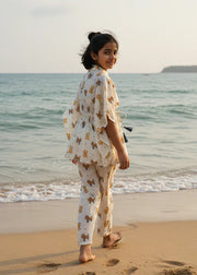Beige Teddy Print Cotton Night Suit Set for Kids - SanskrutiHomes 