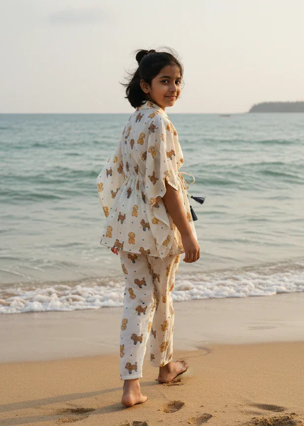 Beige Teddy Print Cotton Night Suit Set for Kids - SanskrutiHomes 