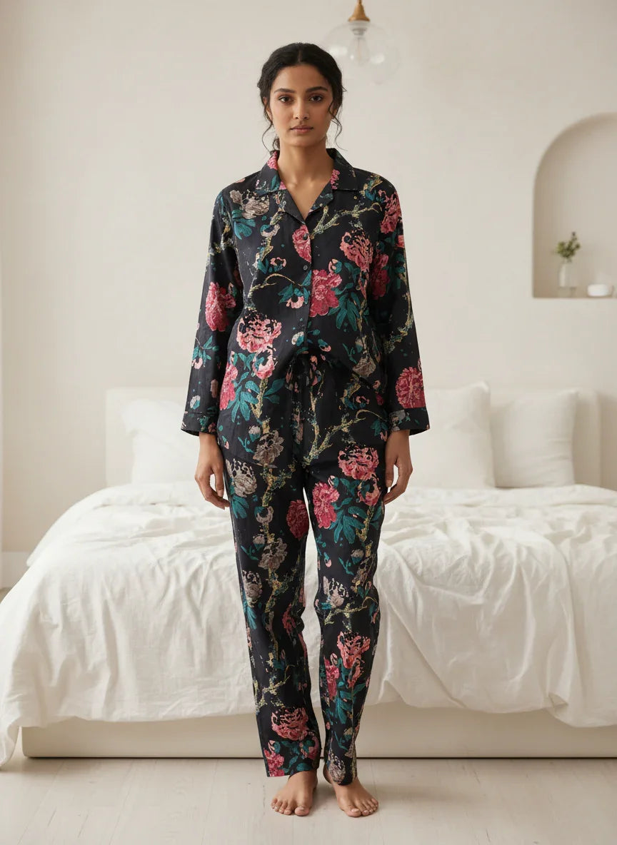 Black floral printed Cotton Night Suit Set for Women - SanskrutiHomes 