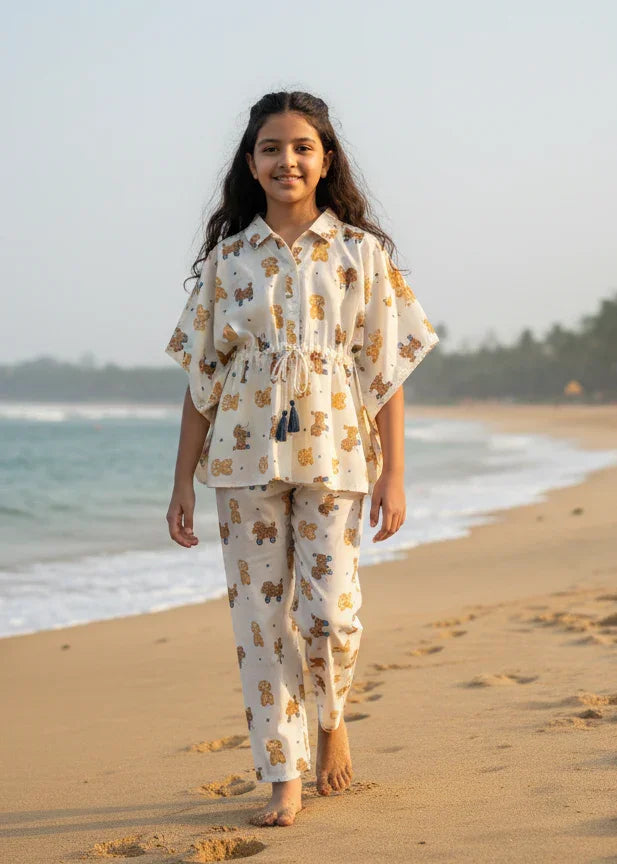 Beige Teddy Print Cotton Night Suit Set for Kids - SanskrutiHomes 