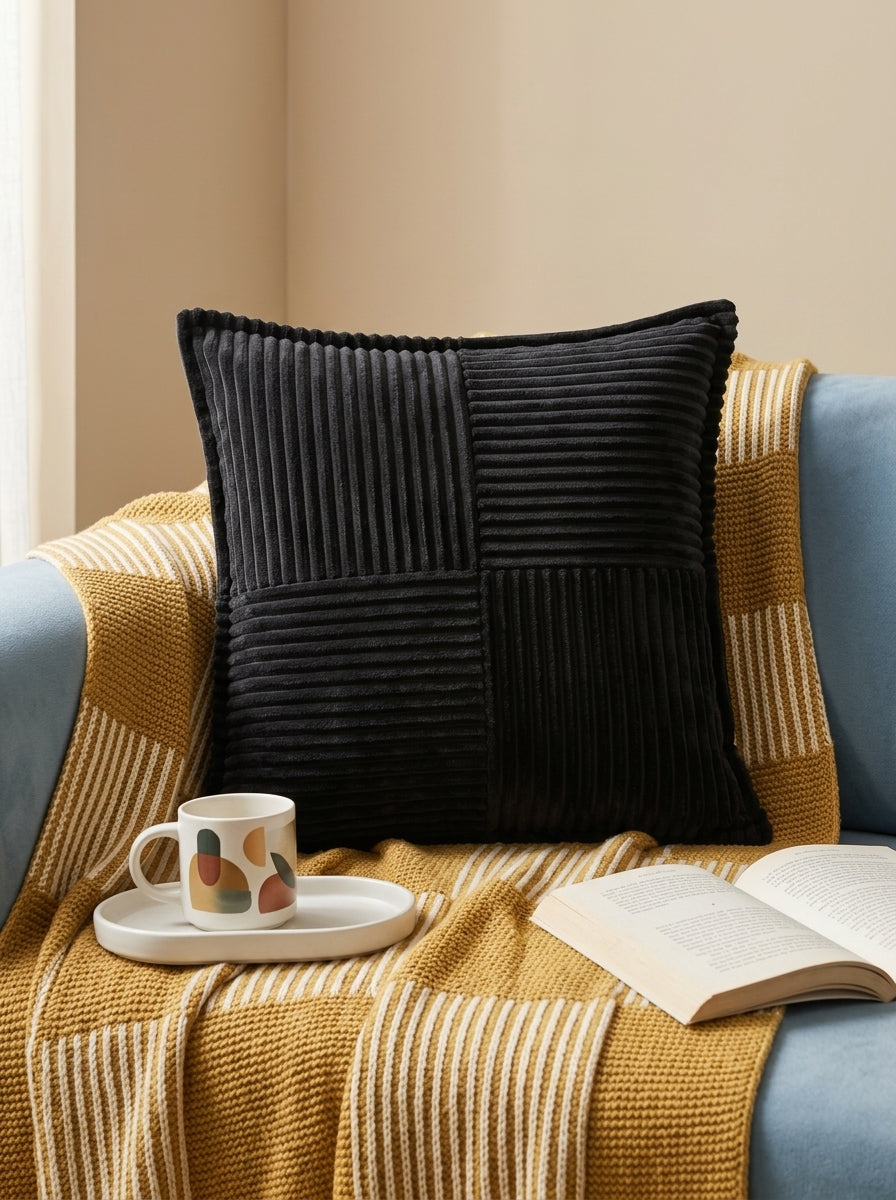Black Velvet Square Textured Striped Cushion Cover