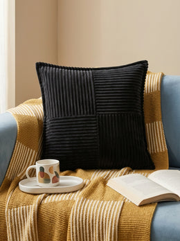 Black Velvet Square Textured Striped Cushion Cover