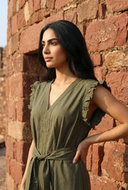Olive Green Solid V-Neck Belted Cotton Jumpsuit for Women - SanskrutiHomes 