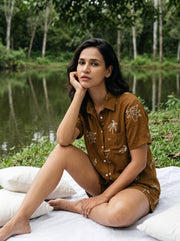 Brown Floral Print Shirt Collar Pure Cotton Night Suit For Women
