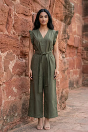 Olive Green Solid V-Neck Belted Cotton Jumpsuit for Women - SanskrutiHomes 