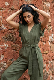 Olive Green Solid V-Neck Belted Cotton Jumpsuit for Women - SanskrutiHomes 