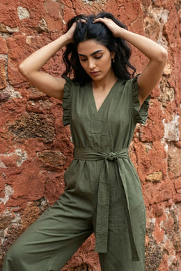 Olive Green Solid V-Neck Belted Cotton Jumpsuit for Women - SanskrutiHomes 