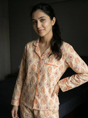 Beige Floral Print Pure Cotton Shirt Collar Night Suit for Women