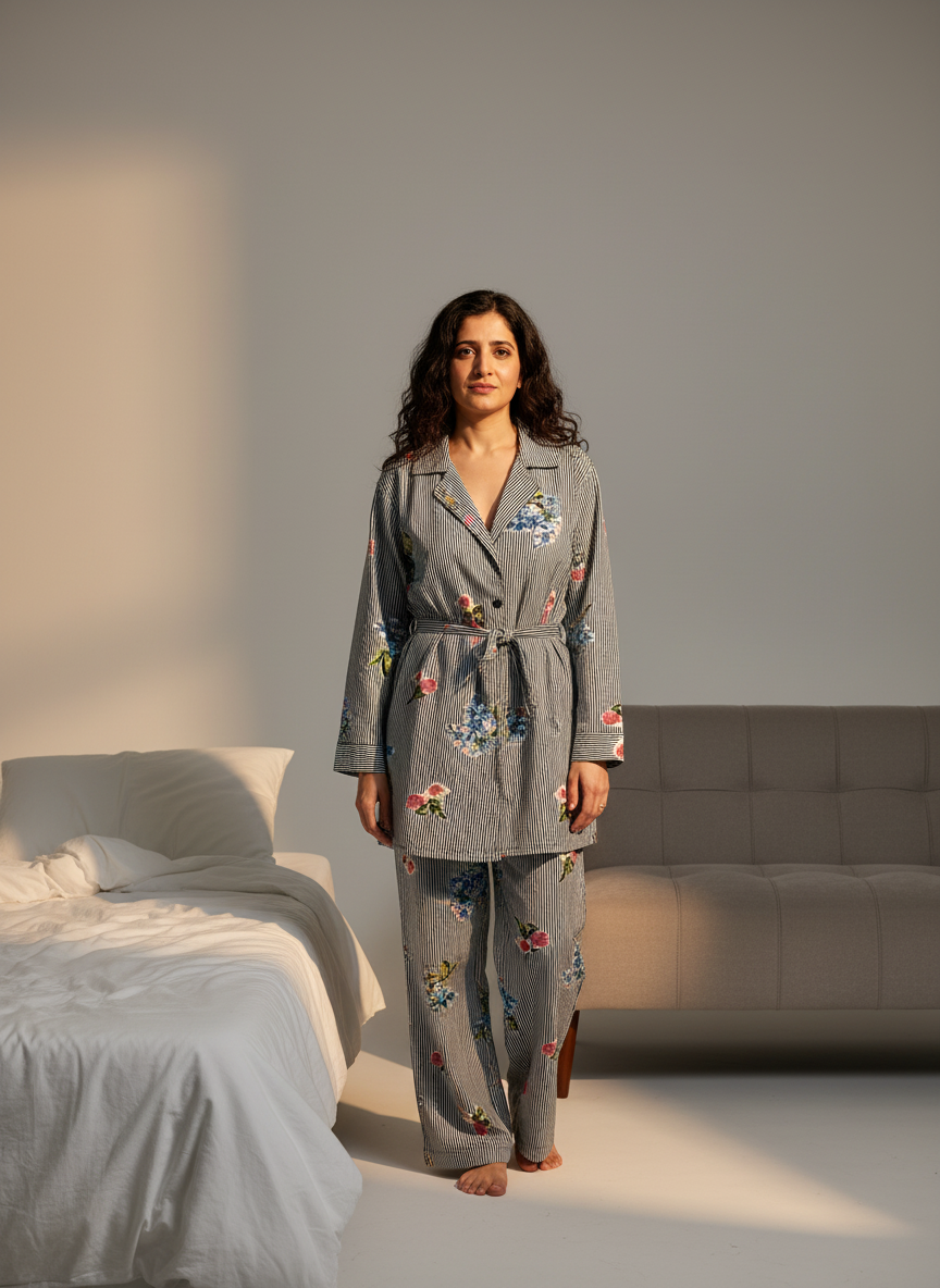 Blue Pure Cotton Lapel Collar Striped Night Suit For Women