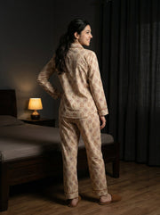 Beige Floral Print Pure Cotton Shirt Collar Night Suit for Women