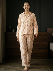 Beige Floral Print Pure Cotton Shirt Collar Night Suit for Women
