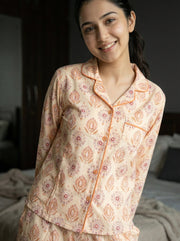 Beige Floral Print Pure Cotton Shirt Collar Night Suit for Women