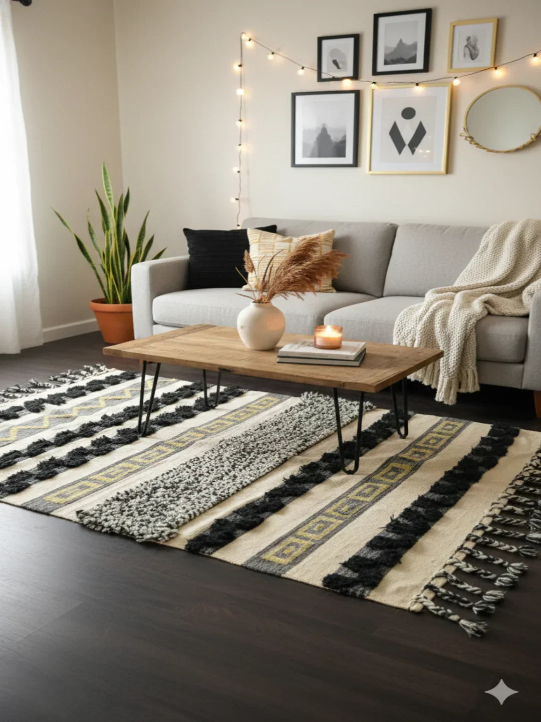 Hand-weaved Black Ruffle Cotton Rug with zari work - SanskrutiHomes 