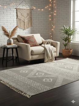 Hand-Block Printed Geometric Cotton Rug - SanskrutiHomes 