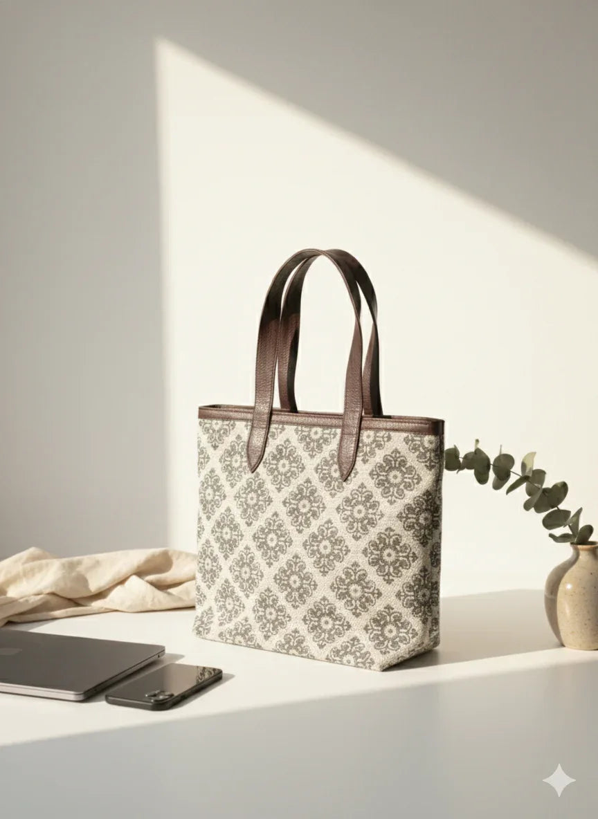 Beige Floral print Cotton Tote bag for Women - SanskrutiHomes 