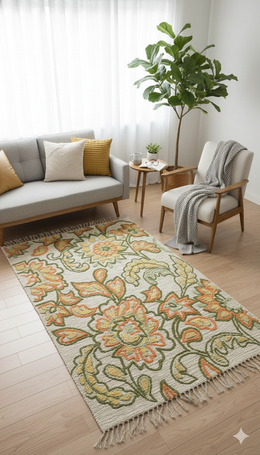 Beige Floral Vine Woven Cotton Jute Rug With Fringed Edges