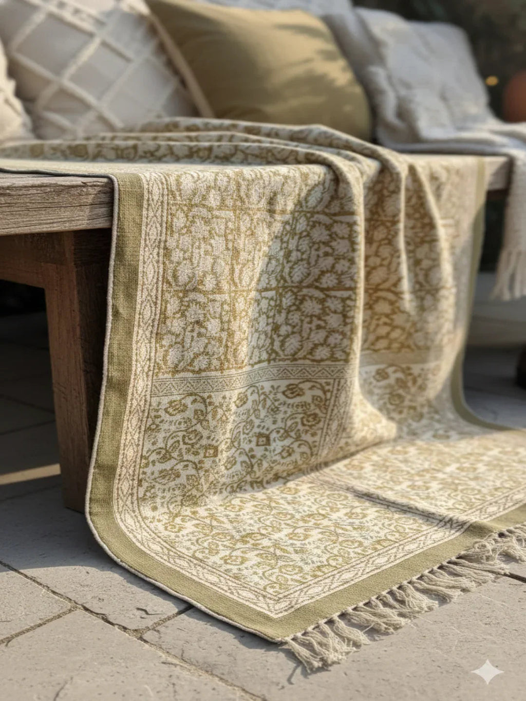 Beige Cotton Abstract Block Print fringed edges Rugs - SanskrutiHomes 
