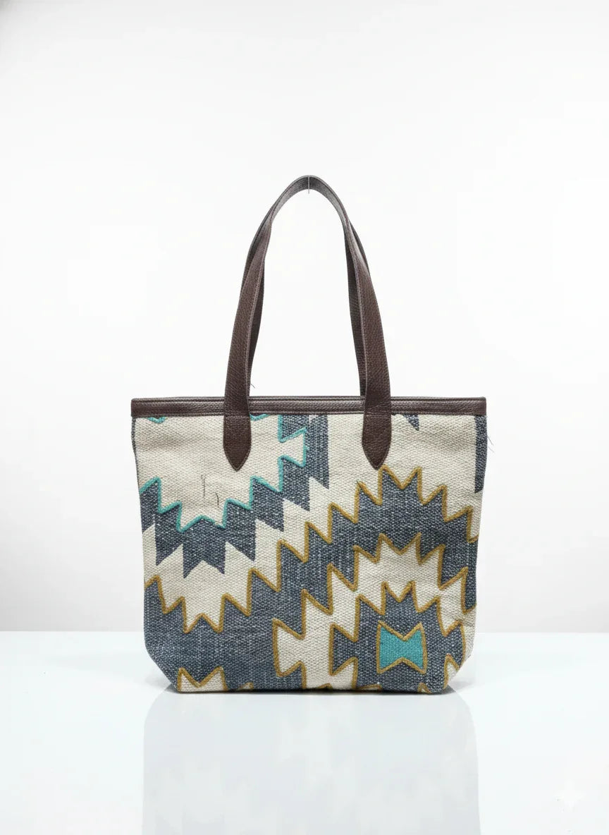 Multi color Geometric Print with Brown Handle Tote Bag for Women - SanskrutiHomes 