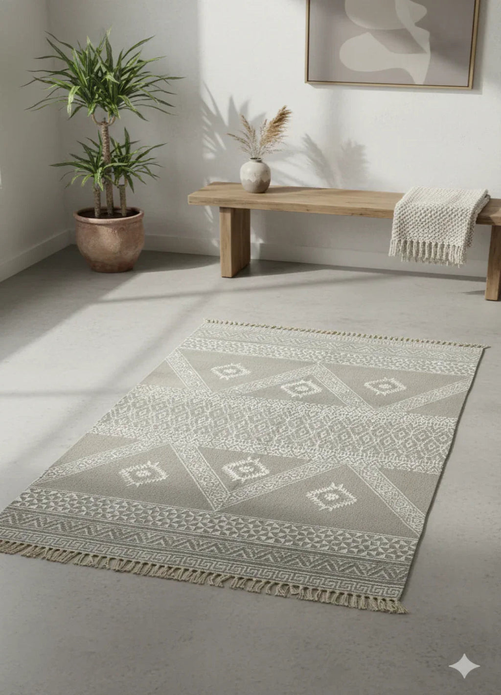 Hand-Block Printed Geometric Cotton Rug - SanskrutiHomes 
