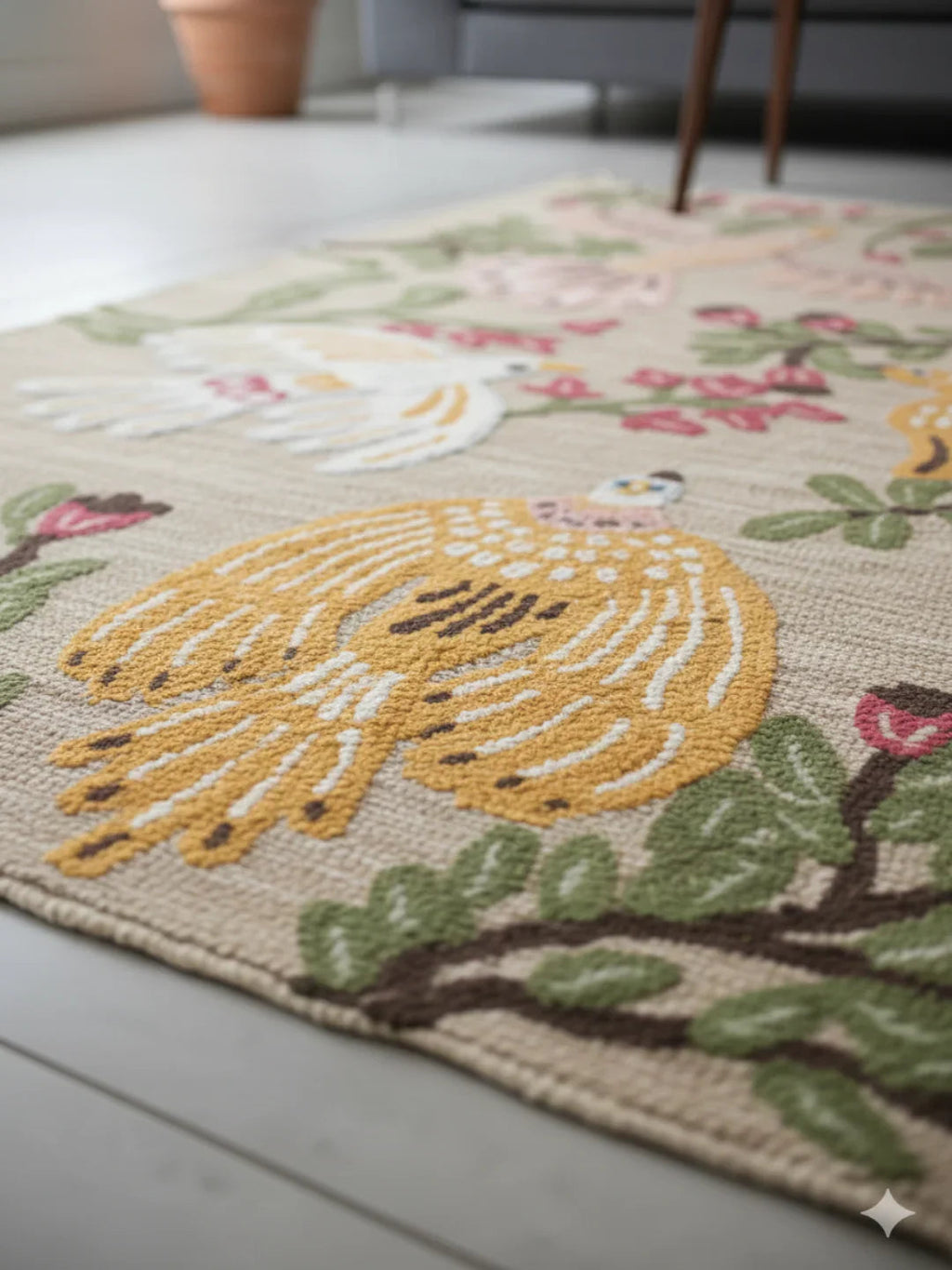 Multi Color Floral Print Woven Cotton Jute tufted Rug - SanskrutiHomes 