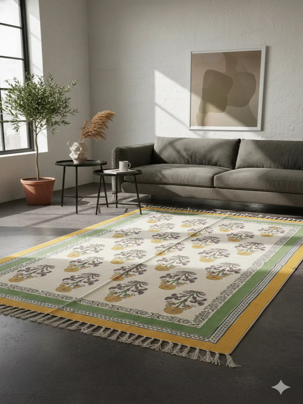 Yellow & Green Block Printed Cotton Area with Fringed Edges Rug - SanskrutiHomes 