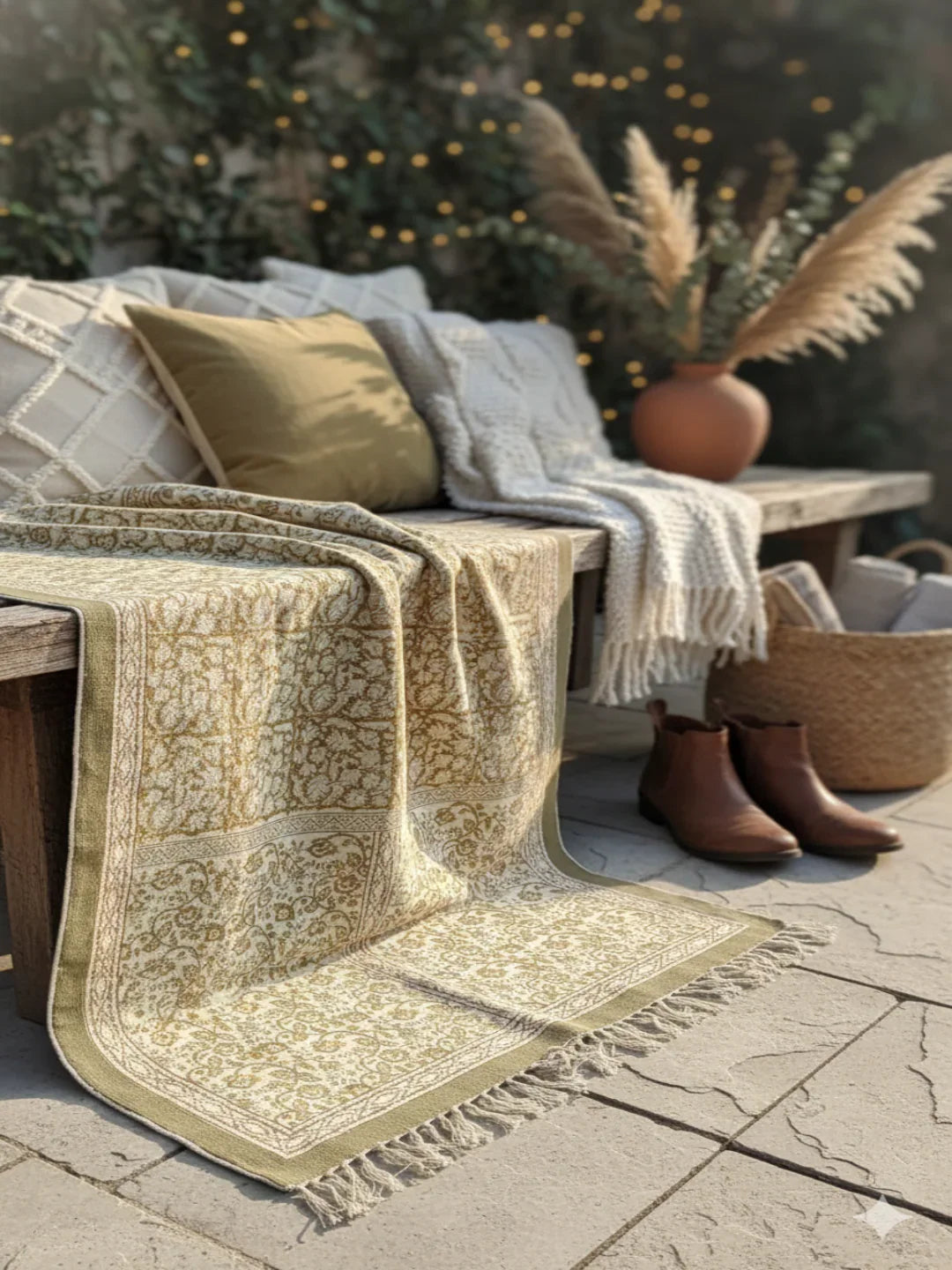 Beige Cotton Abstract Block Print fringed edges Rugs - SanskrutiHomes 