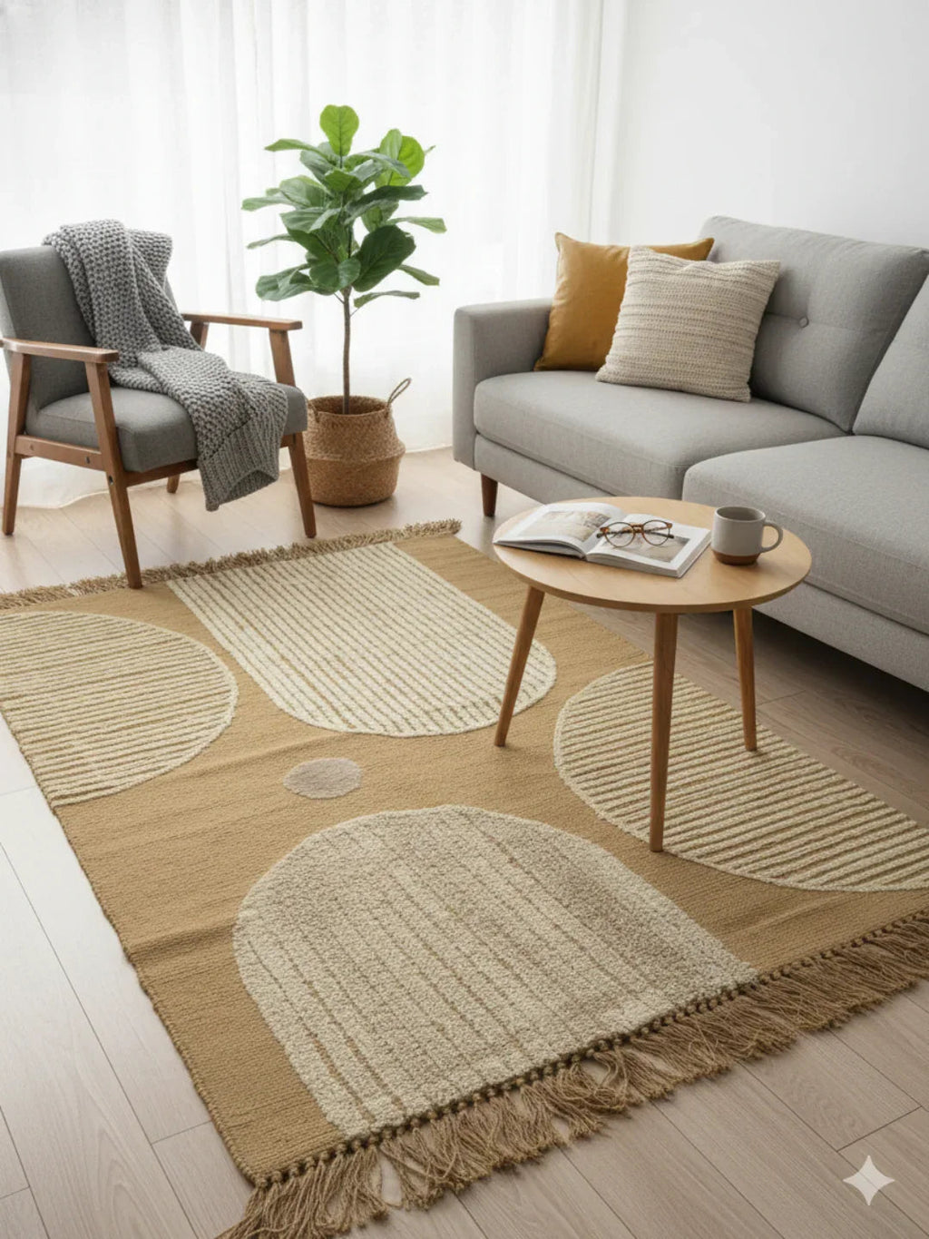 Beige Abstract Arch Tufted Cotton Jute Rug with Fringed Edges - SanskrutiHomes 