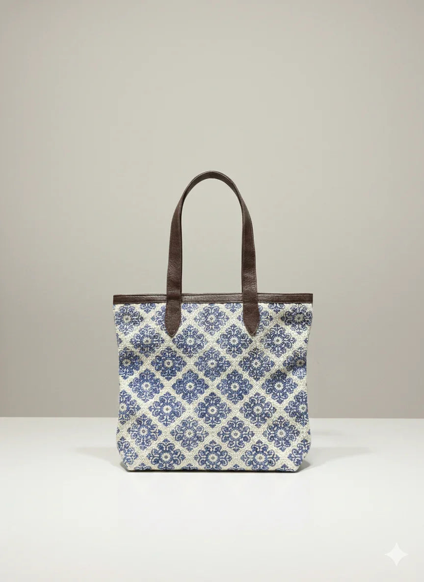Indigo Floral Print Cotton Tote Bag for women - SanskrutiHomes 