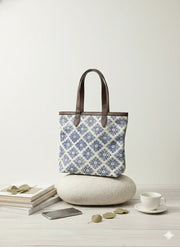 Indigo Floral Print Cotton Tote Bag for women - SanskrutiHomes 