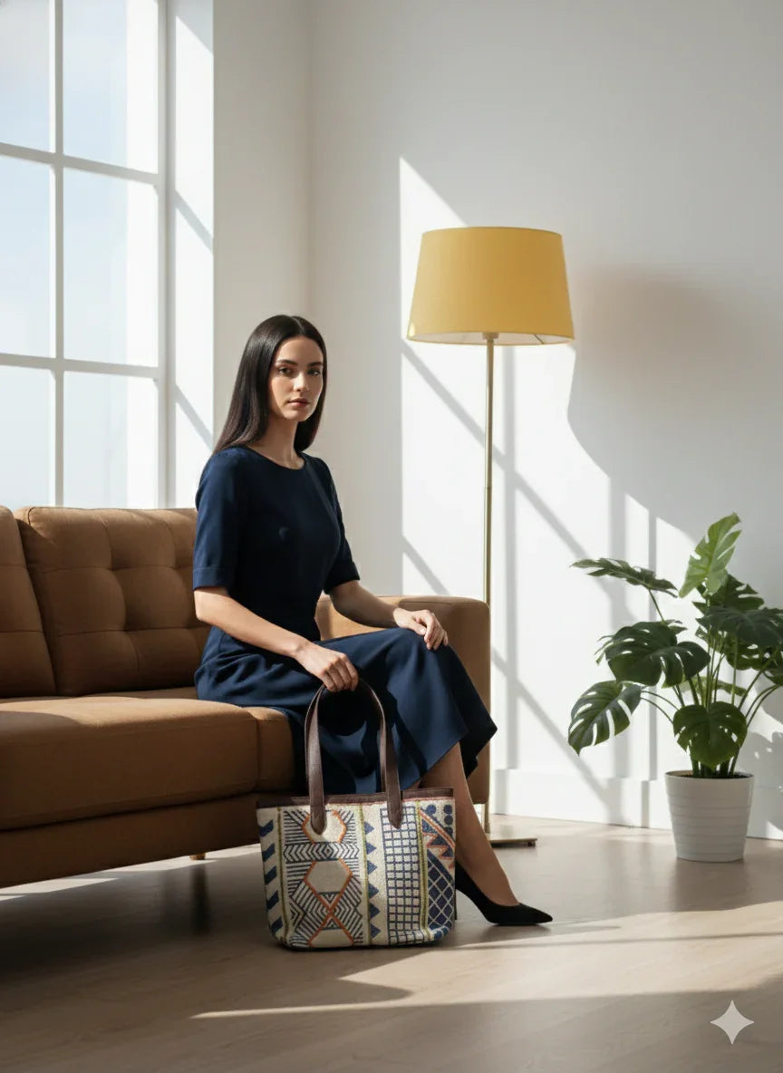 White Geometric Print Cotton Tote Bag with Brown Shoulder Straps for Women - SanskrutiHomes 