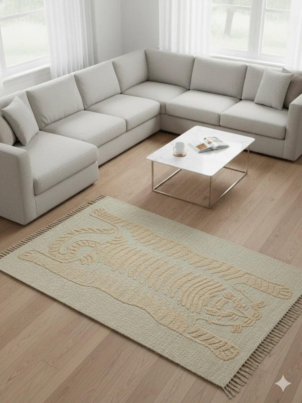 Beige Tiger Motif Tufted Cotton Jute Rug with Fringed Edges - SanskrutiHomes 