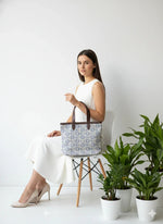 Grey Ethnic Print Cotton Tote Bag for Women - SanskrutiHomes 