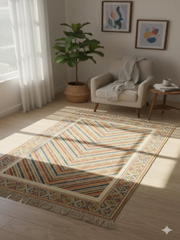 Multi Color Woven Digital Print with fringed edges Cotton Rug - SanskrutiHomes 