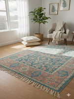Teal Woven Digital Print Polyester fringed edges Rug - SanskrutiHomes 
